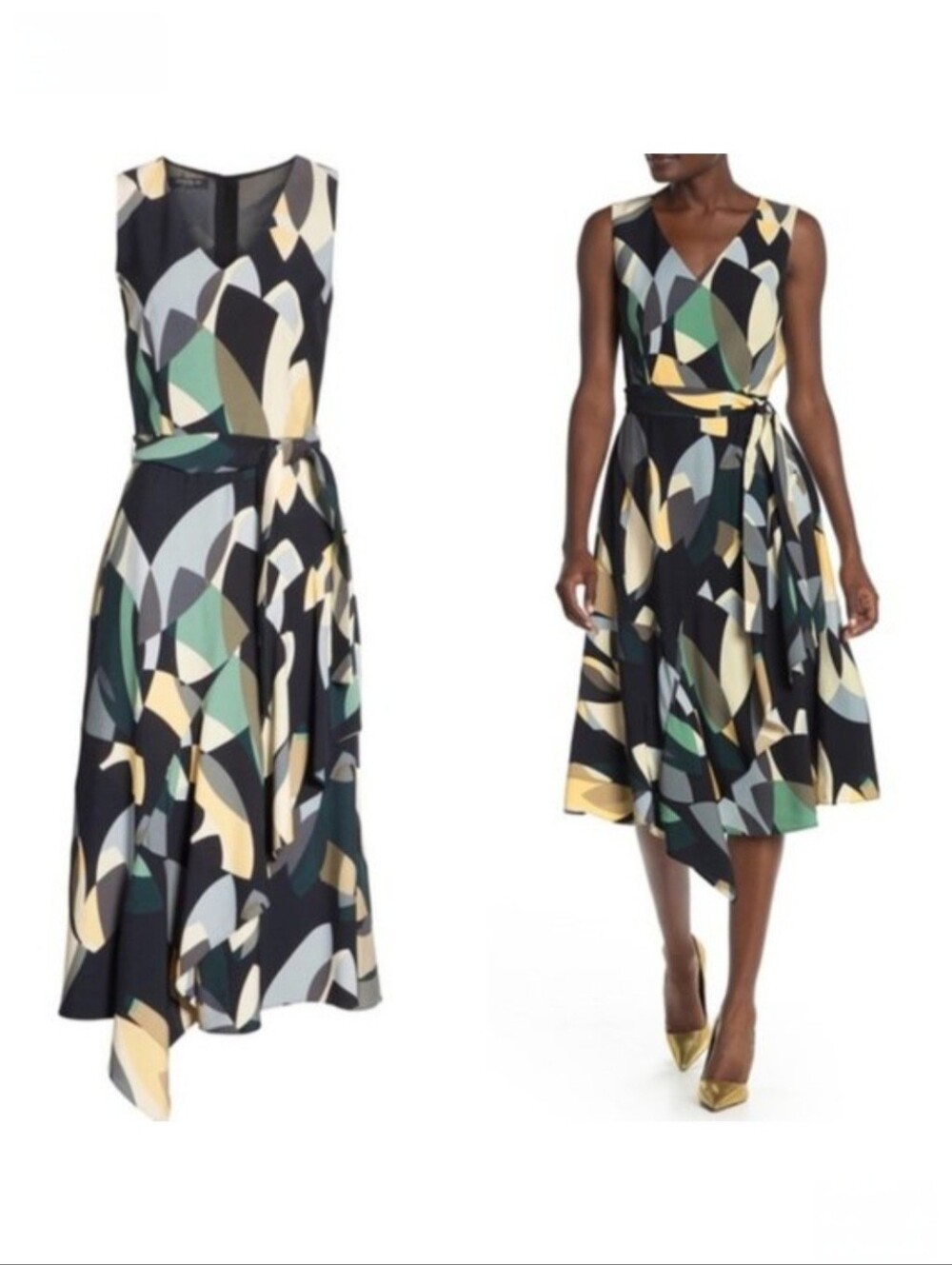 NWT Lafayette 148 Abstract Telson Crepe Tie Belted Ruffle Midi Dress Sleeveless